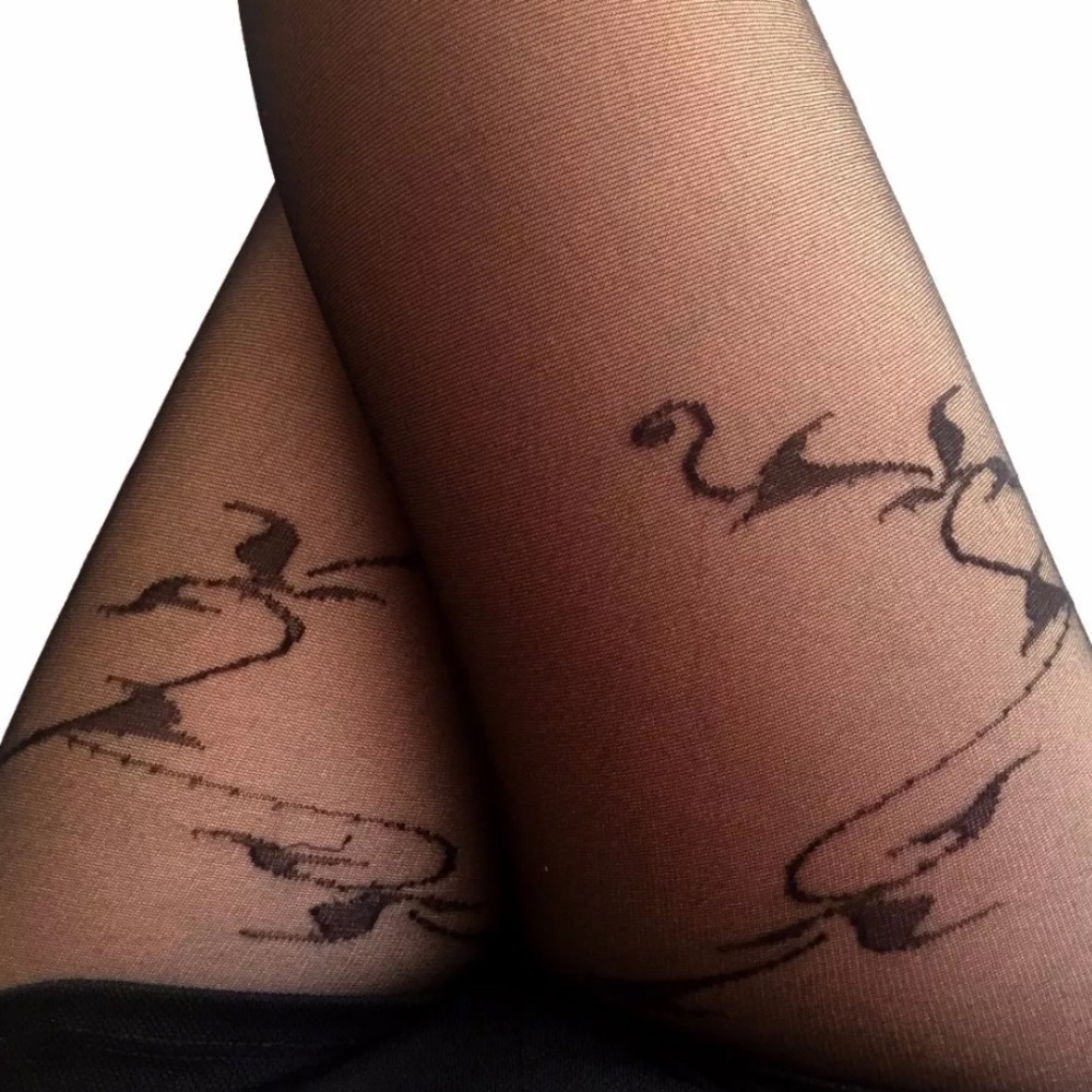 pinup sheer black stockings floral design on thigh pantyhose cuban lingerie sexy